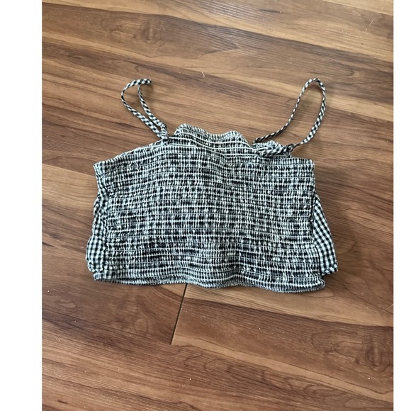 American Eagle Gingham Crop Top Tie Front Smocked Black White XS - Picture 2 of 3